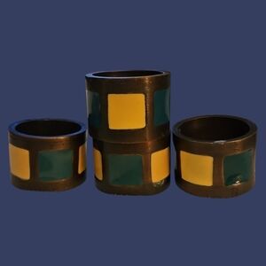 Vintage PIER 1 1980s Set of Four Bronze Enamel Modernist Napkin Rings Set